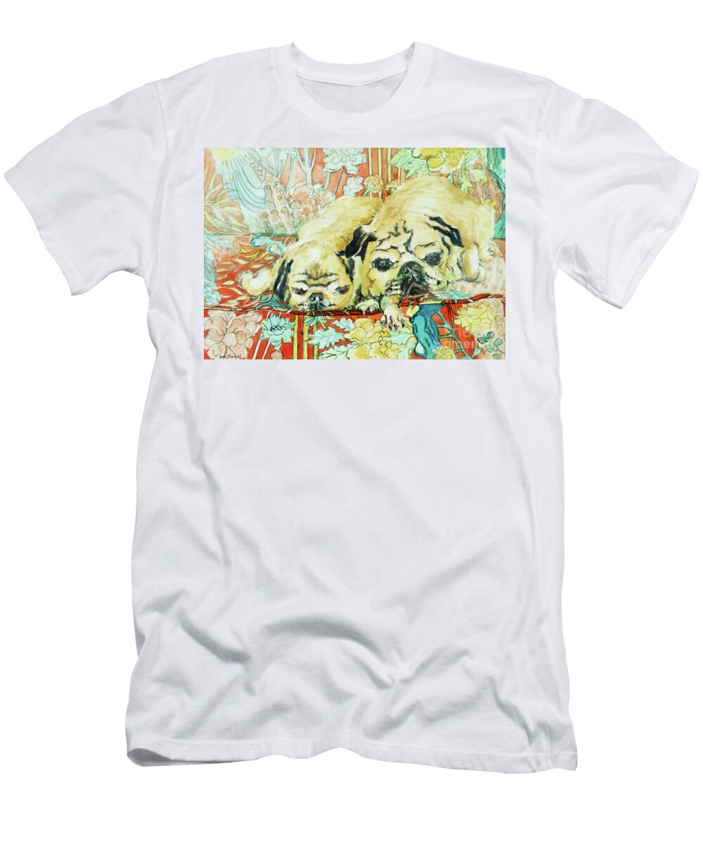 Pugs on a Chinese Print Sofa Joan Thewsey T-Shirt