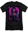 Queen of Clubs 80s Synthwave Neon Noir Playing Card Cyberpunk Retrowave Nightclub Art Vandy Fullum T-Shirt