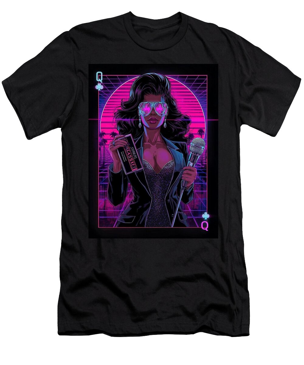 Queen of Clubs 80s Synthwave Neon Noir Playing Card Cyberpunk Retrowave Nightclub Art Vandy Fullum T-Shirt