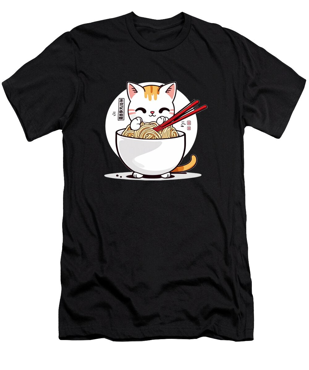 Ramen Cat Eating Noodles Design Yvonne Alfie T-Shirt
