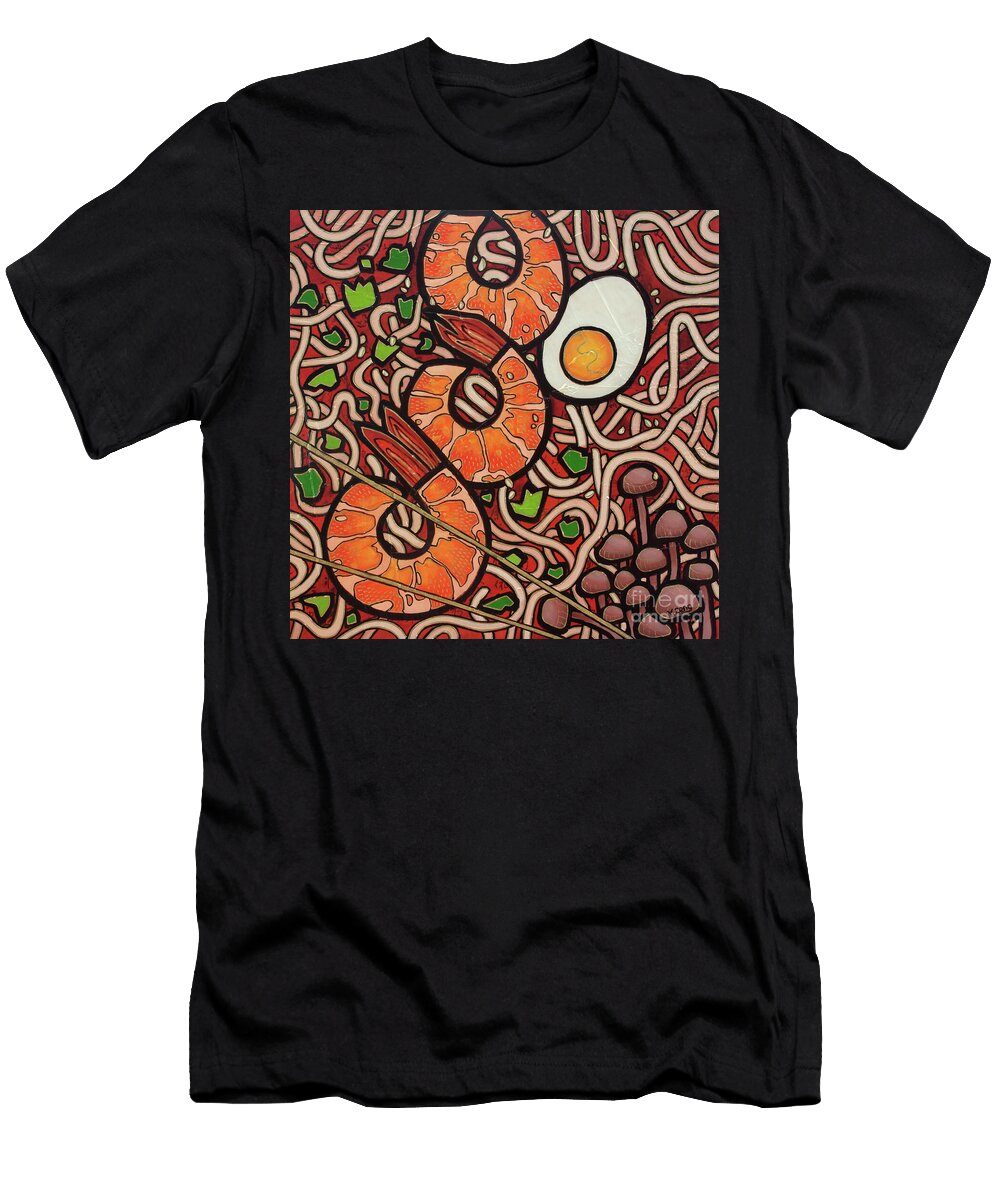 Ramen Noodle Shrimp 2023 Mixed Media on Wood Board Yue Zeng T-Shirt
