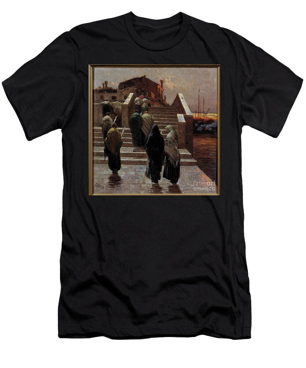 Red Evening Good Weather Hope Womens Procession Crossing a River Mario De Maria T-Shirt
