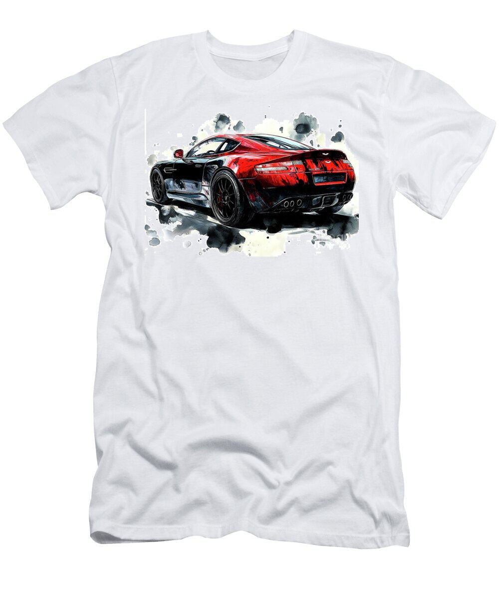 Red Sports Aston Martin Db9 Car Watercolor Painting Automotive Art Clark Leffler T-Shirt