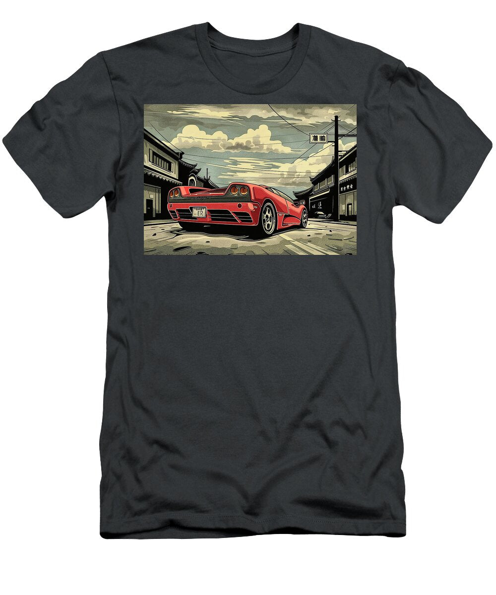 Red Sports Lamborghini Diablo Car on a Japanese Street Digital Art Illustration Destiney Sullivan T-Shirt