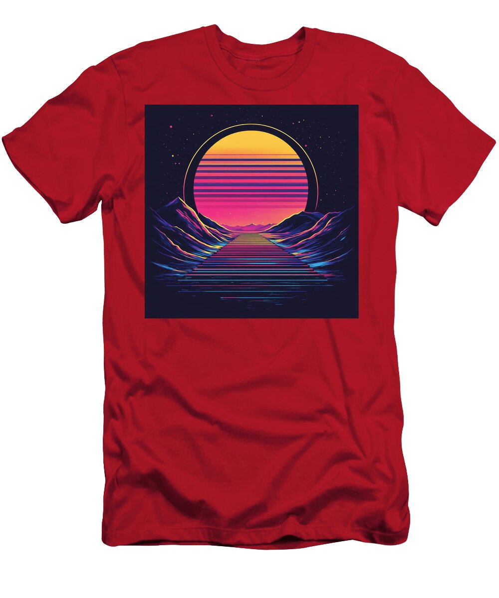Retro 80s Synthwave Sunset Landscape with Neon Grid Path Lisma Yapus T-Shirt