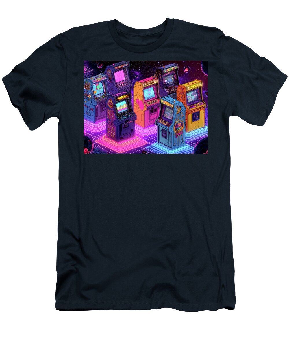 Retro Arcade Machines in Neon Galaxy Jirka Svetlik Studio Illuvision T-Shirt