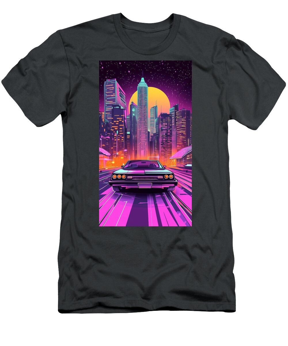 Retro Car Driving in Vibrant City At Night Sanna Humung T-Shirt