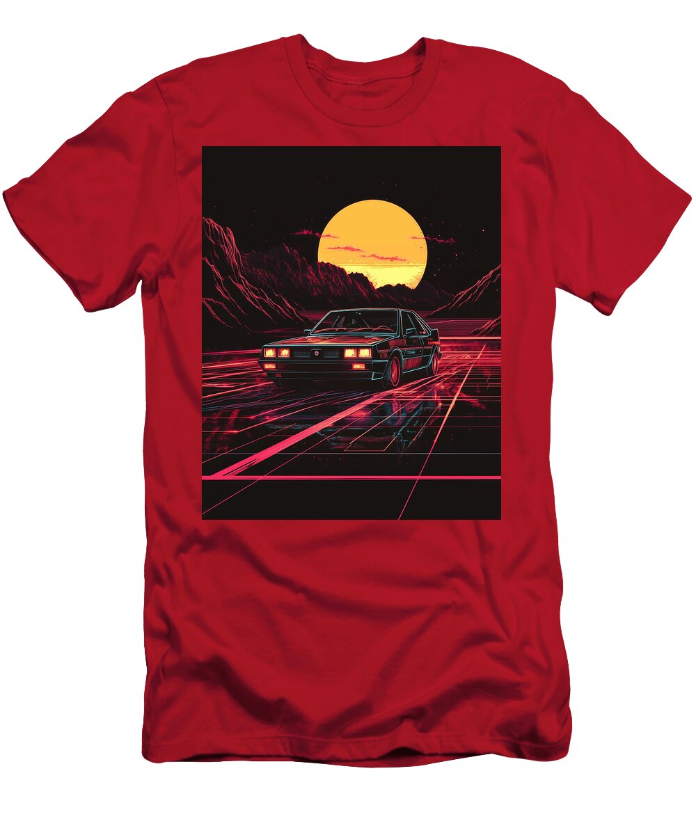 Retro Car Driving on Neon Grid Road with Sunset and Mountains Carter Tembom T-Shirt