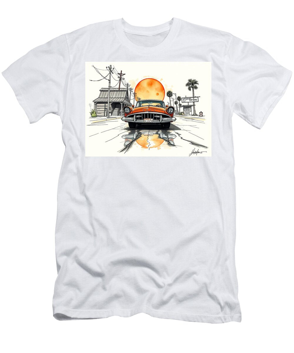 Retro Car in Sunset Hudson Hornet in a Pixar Style Radiator Springs Ink Sketch Carla York T-Shirt