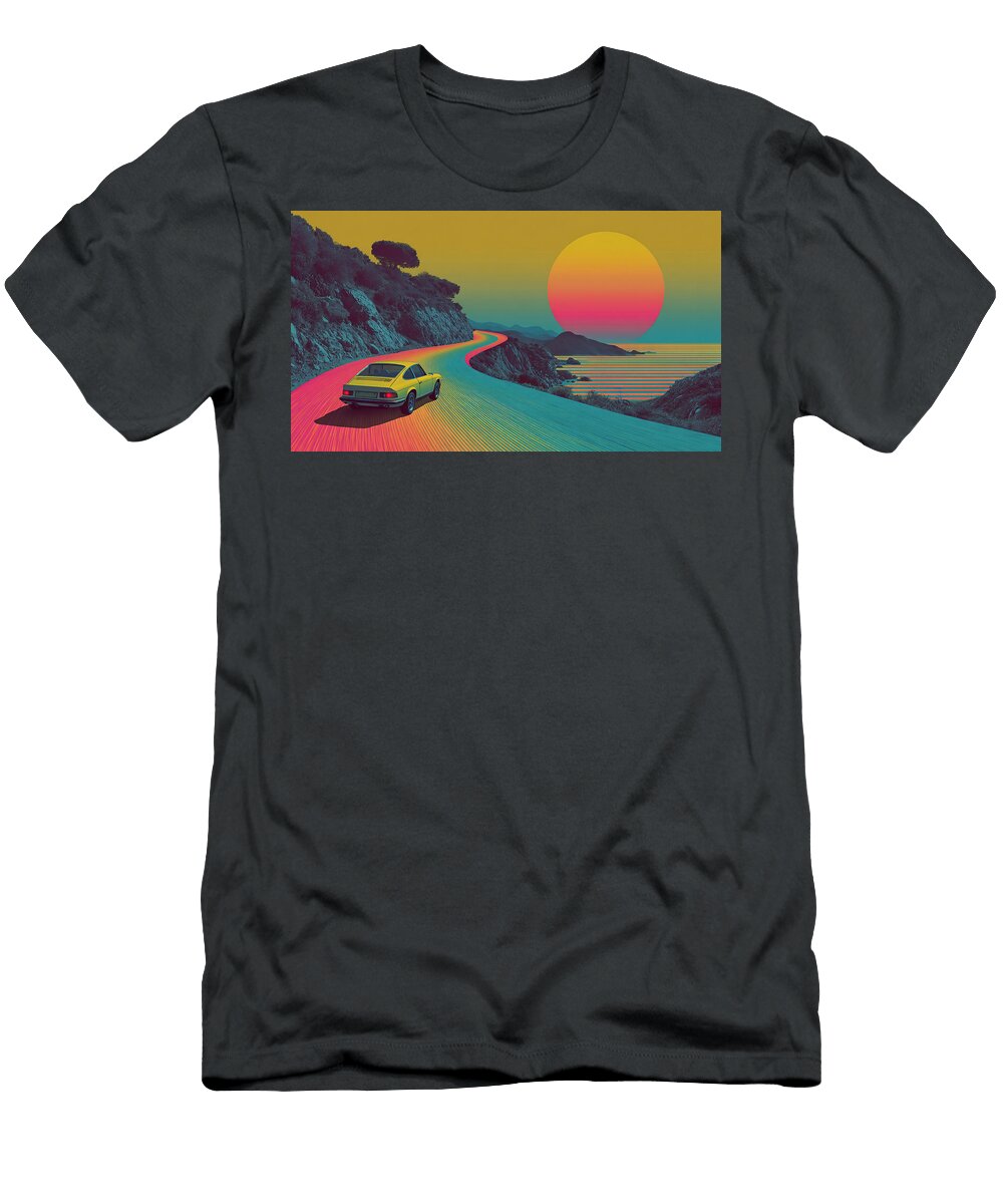 Retro Car on Vibrant Coastal Road Tornike Gachechiladze T-Shirt