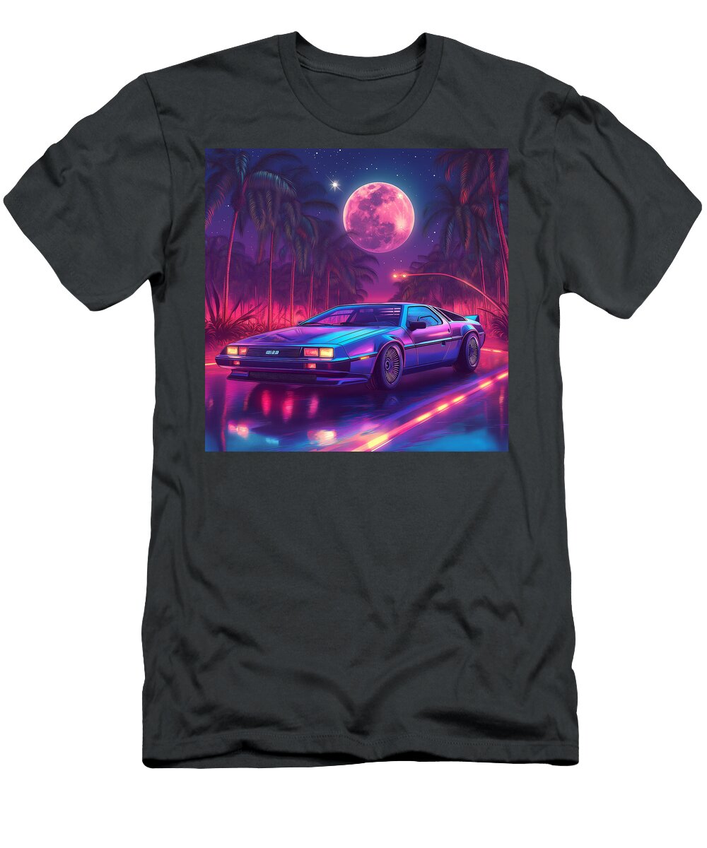 Retro Futuristic Car Under Pink Moon Thomas Tomson T-Shirt