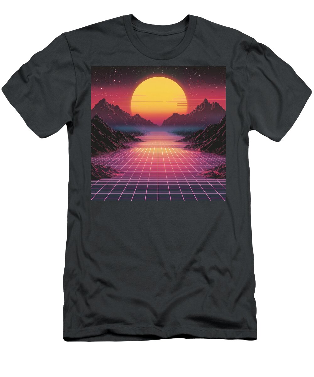 Retro Futuristic Landscape with Grid Sun Mountains Pradhan Radha T-Shirt