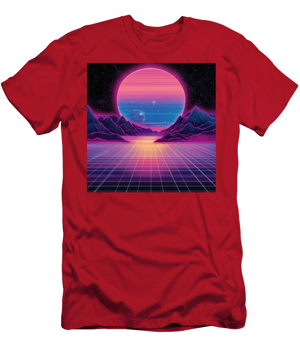 Retro Futuristic Landscape with Neon Grid and Pink Sun Kristina Douy T-Shirt