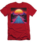 Retro Futuristic Landscape with Neon Grid Road Sun and Mountai Carolie Crist T-Shirt