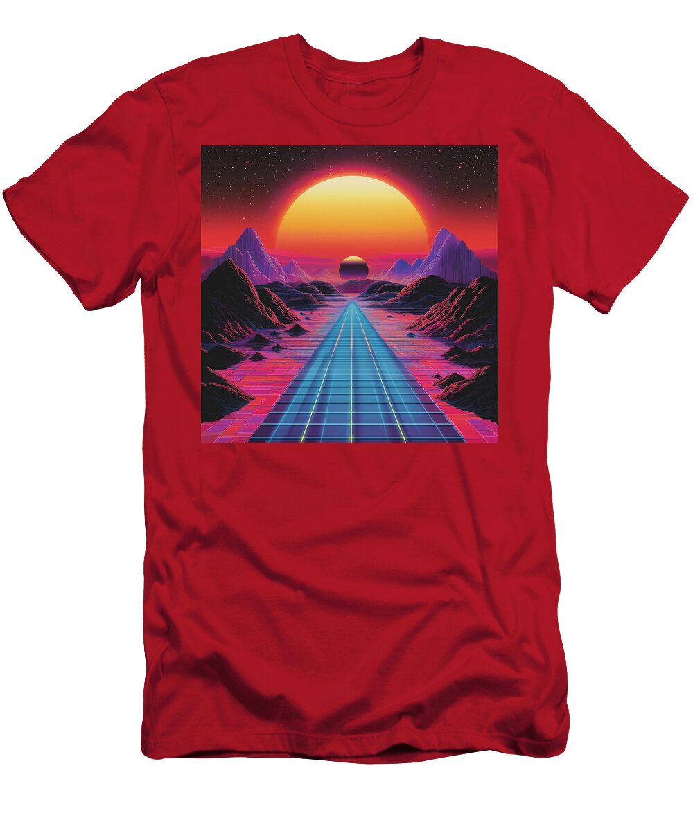 Retro Futuristic Landscape with Neon Grid Road Sun and Mountai Carolie Crist T-Shirt
