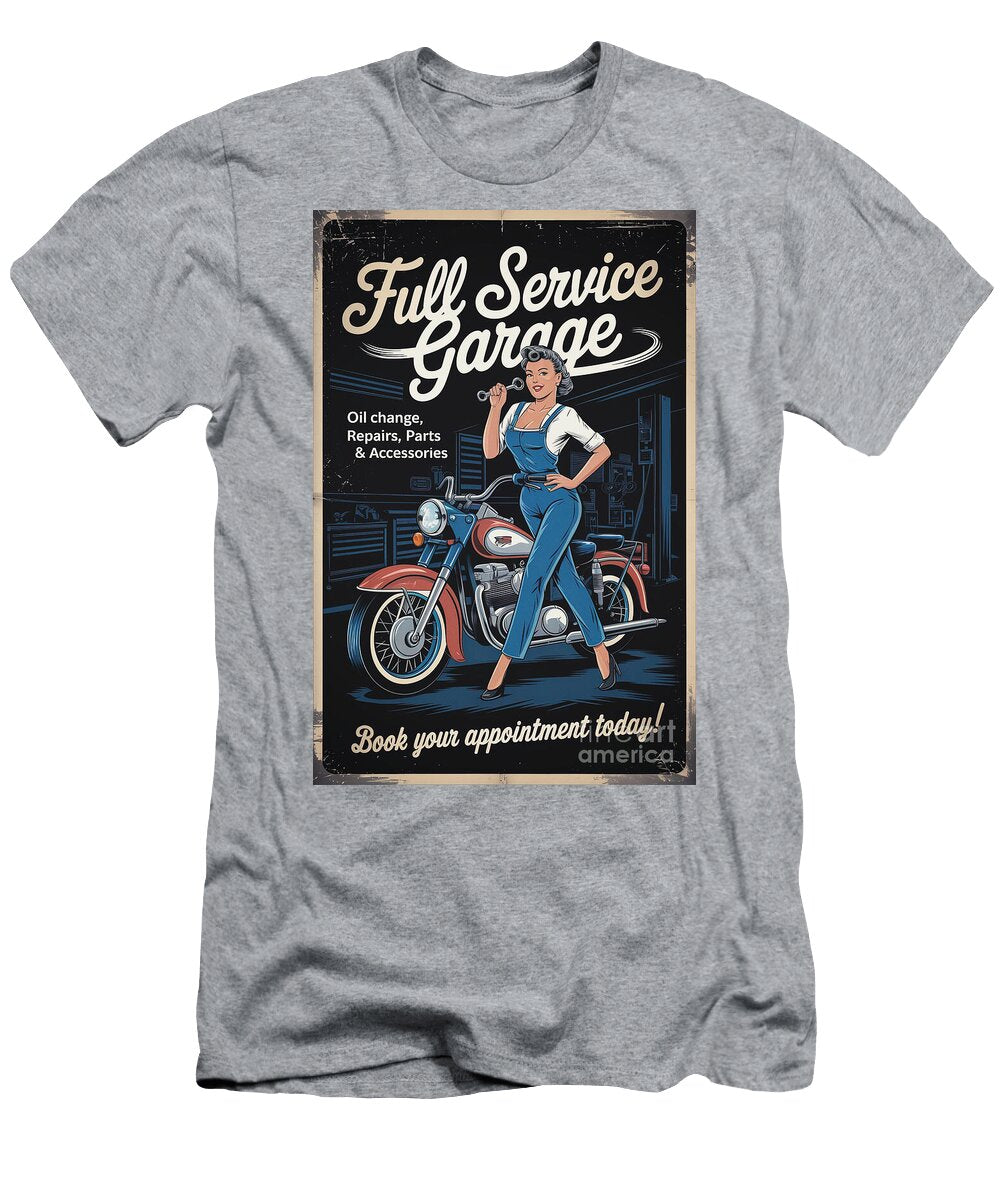 Retro Motorcycle Garage Ad Pin Up Aged Pixel T-Shirt