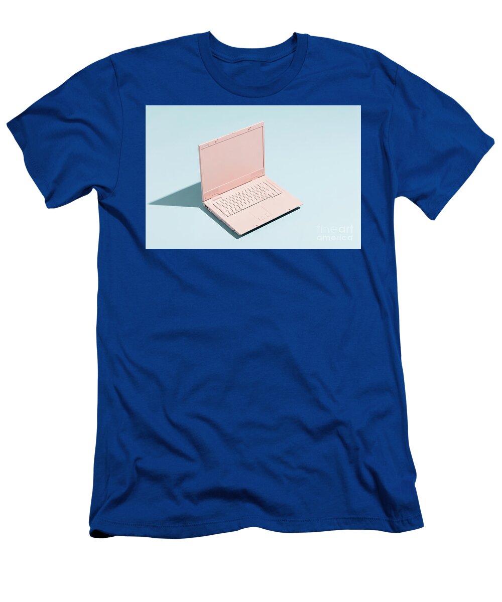 Retro Pink Laptop on a Pastel Blue Background Michal Bednarek T-Shirt