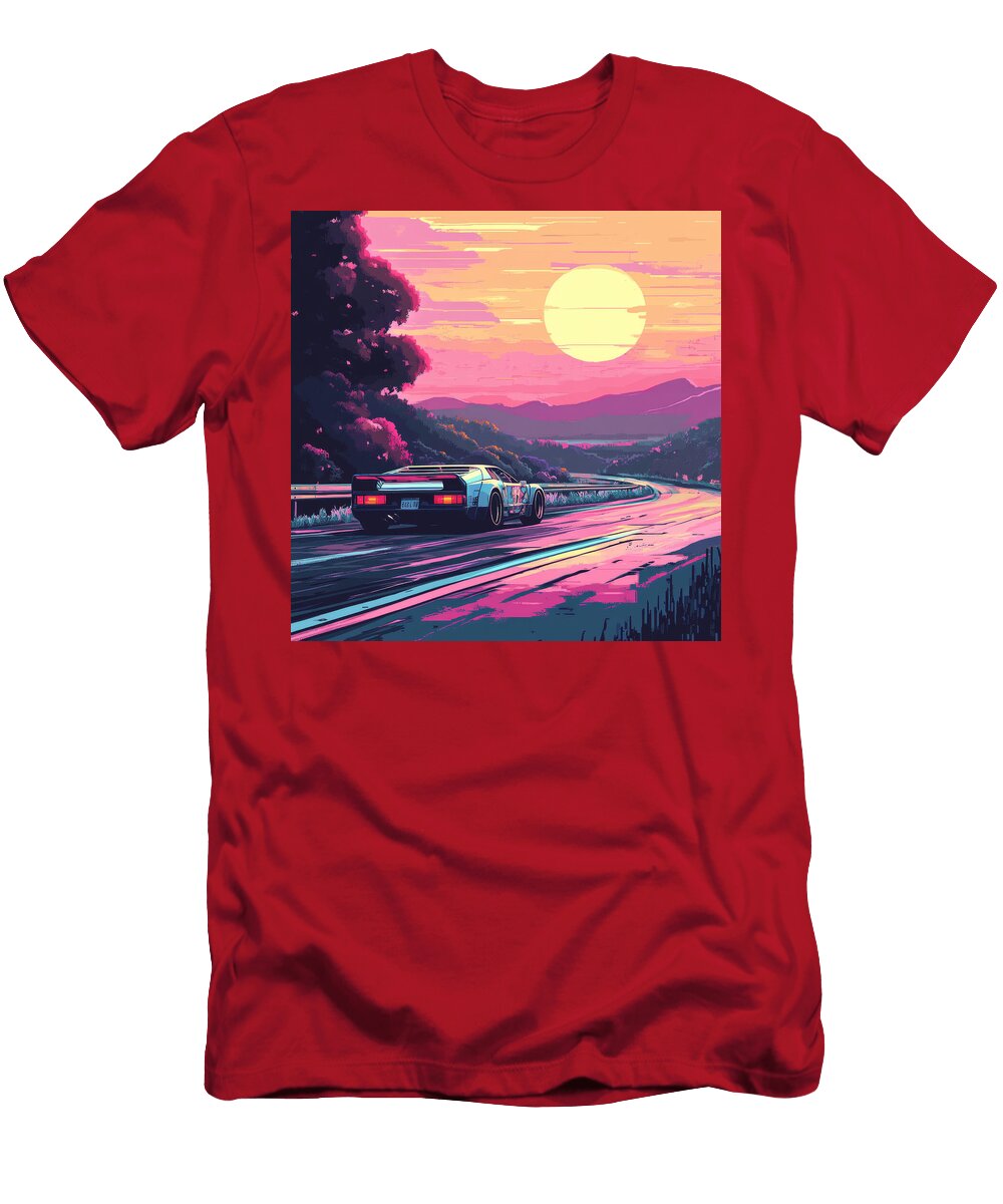 Retro Sports Car on a Scenic Road At Sunset Turner Quane T-Shirt