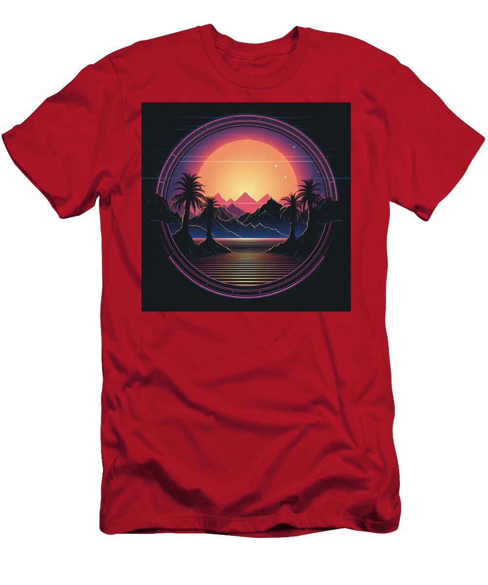 Retro Sunset Landscape with Palm Trees and Mountains Tamunoemi Loki T-Shirt