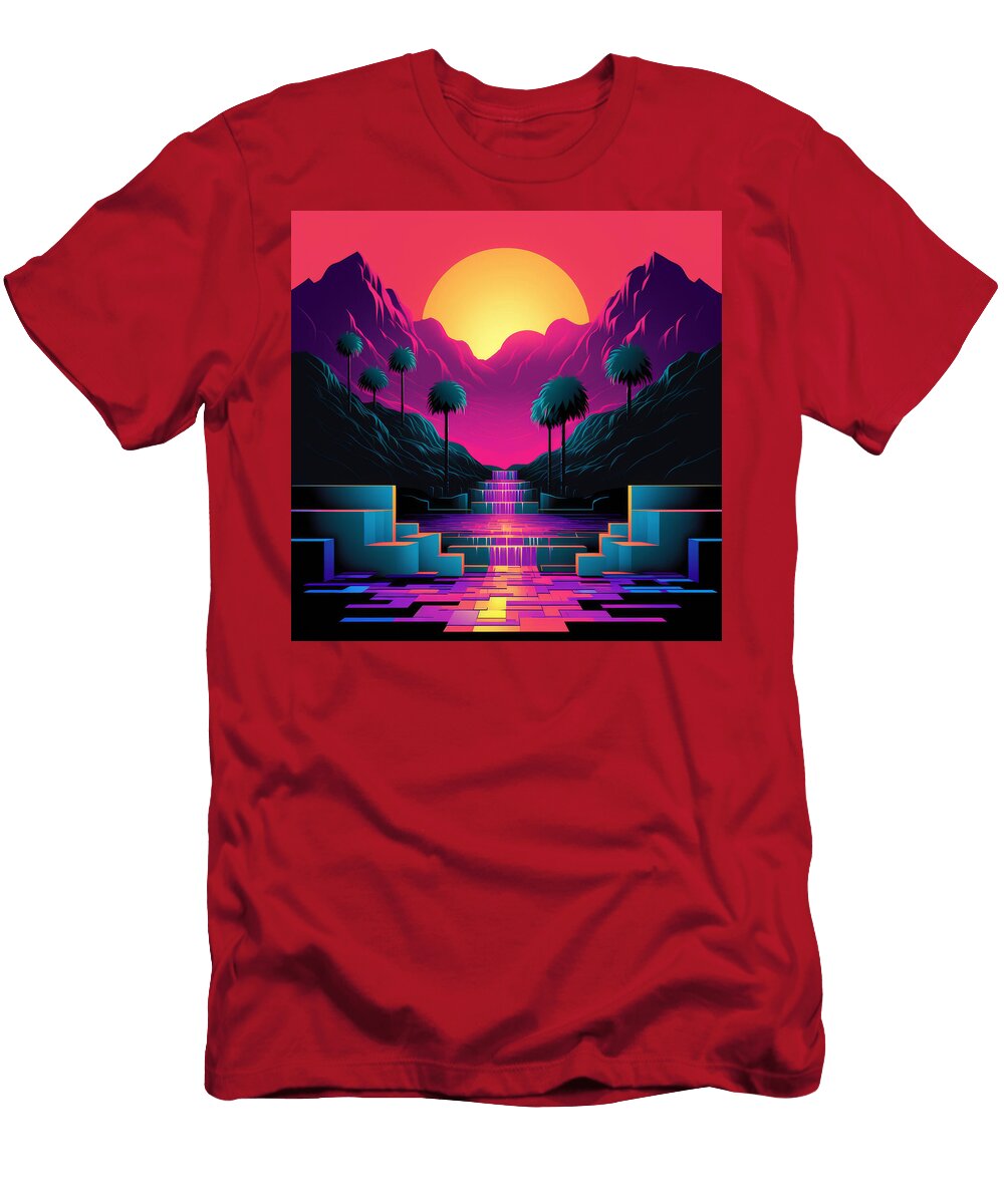 Retro Sunset Over a Waterfall in a Surreal Landscape Nojeem Akunna T-Shirt