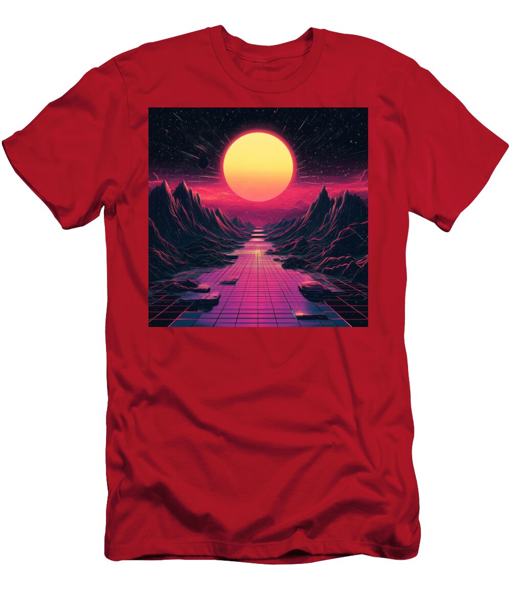 Retro Synthwave Landscape with Glowing Sun Grid Path and Mount Dhugela Engga T-Shirt