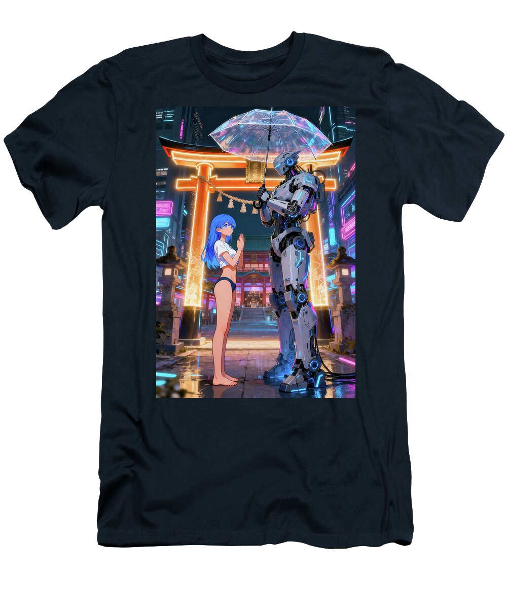 Robot and Cyberpunk Girl in Neon City Matthias Hauser T-Shirt