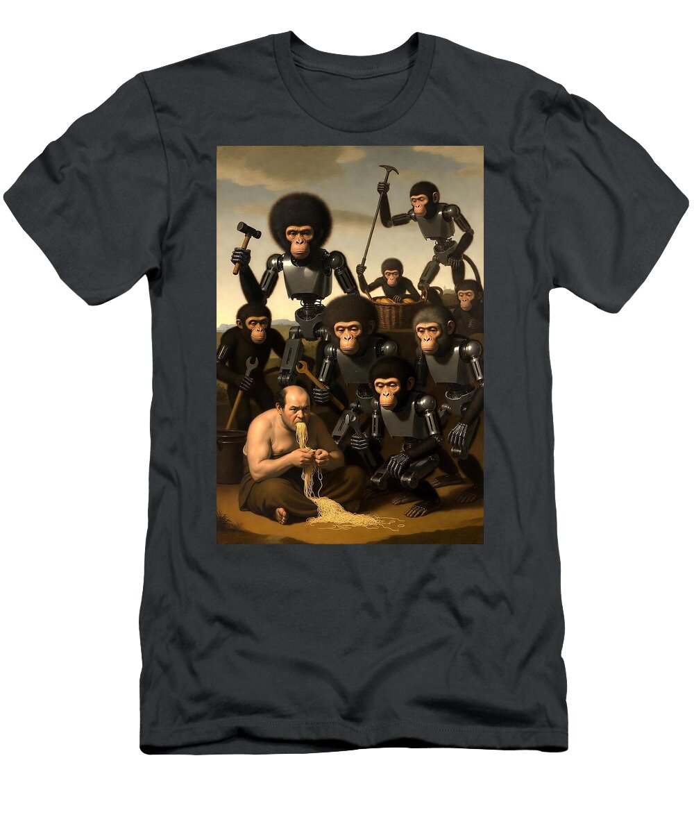 Robotic Apes with Man Eating Noodles Team of Monkeys T-Shirt