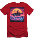 Robotic Shark with Glowing Eyes Flies Over Neon Waves Cupid Green T-Shirt