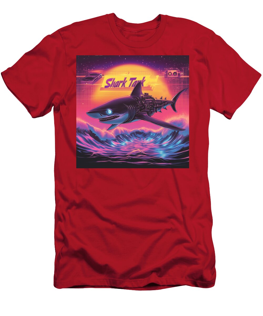 Robotic Shark with Glowing Eyes Flies Over Neon Waves Cupid Green T-Shirt