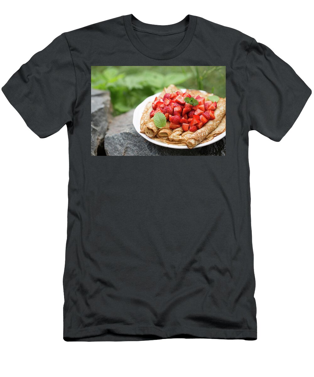 Ruddy Pancakes with Fresh Strawberries in the Garden Iuliia Malivanchuk T-Shirt
