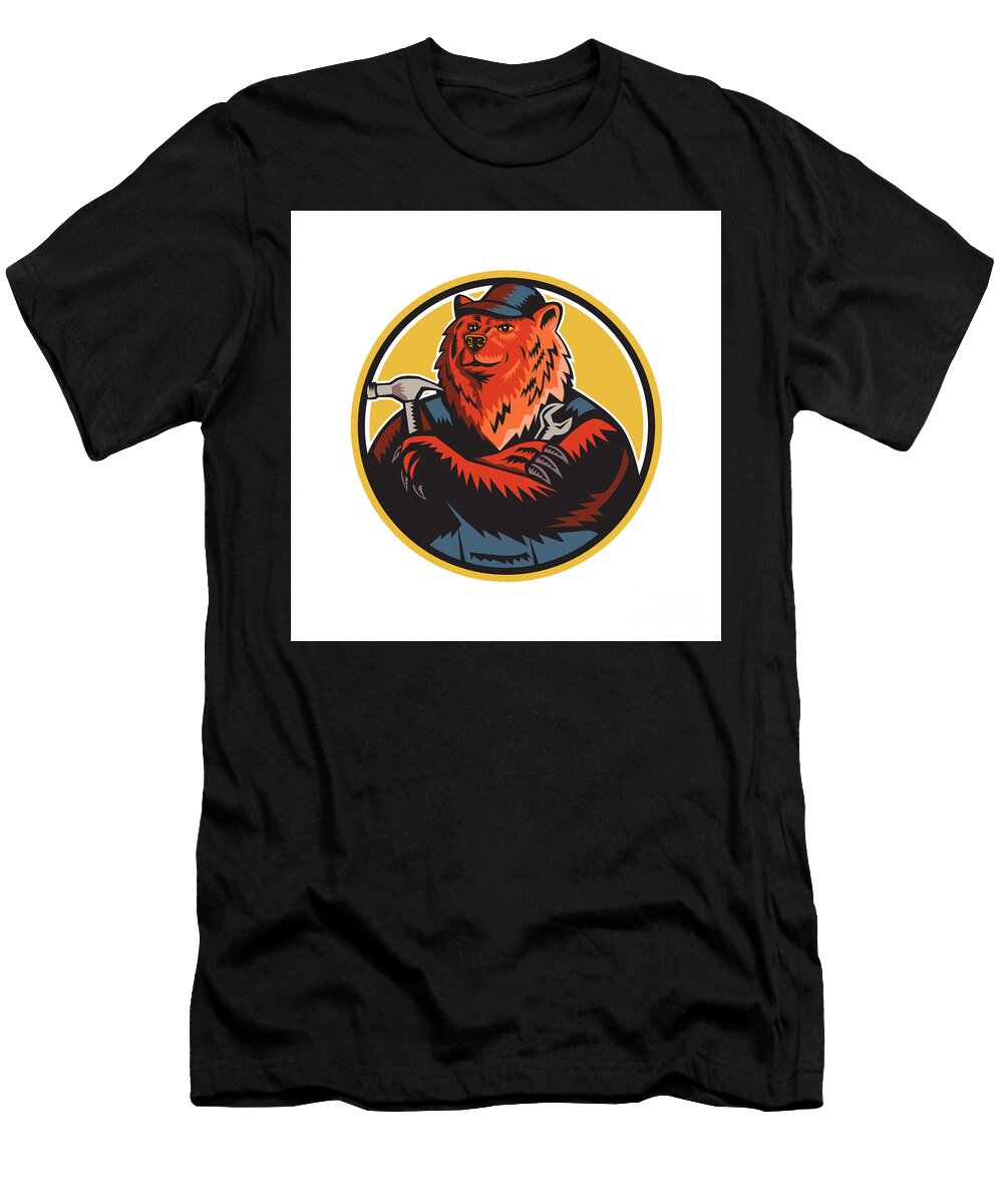Russian Bear Builder Handyman Circle Woodcut Aloysius Patrimonio T-Shirt