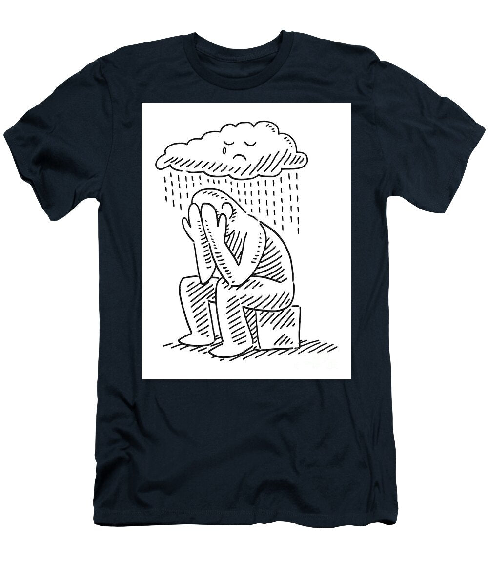 Sad Human Figure Sitting Under Rain Cloud Drawing Frank Ramspott T-Shirt