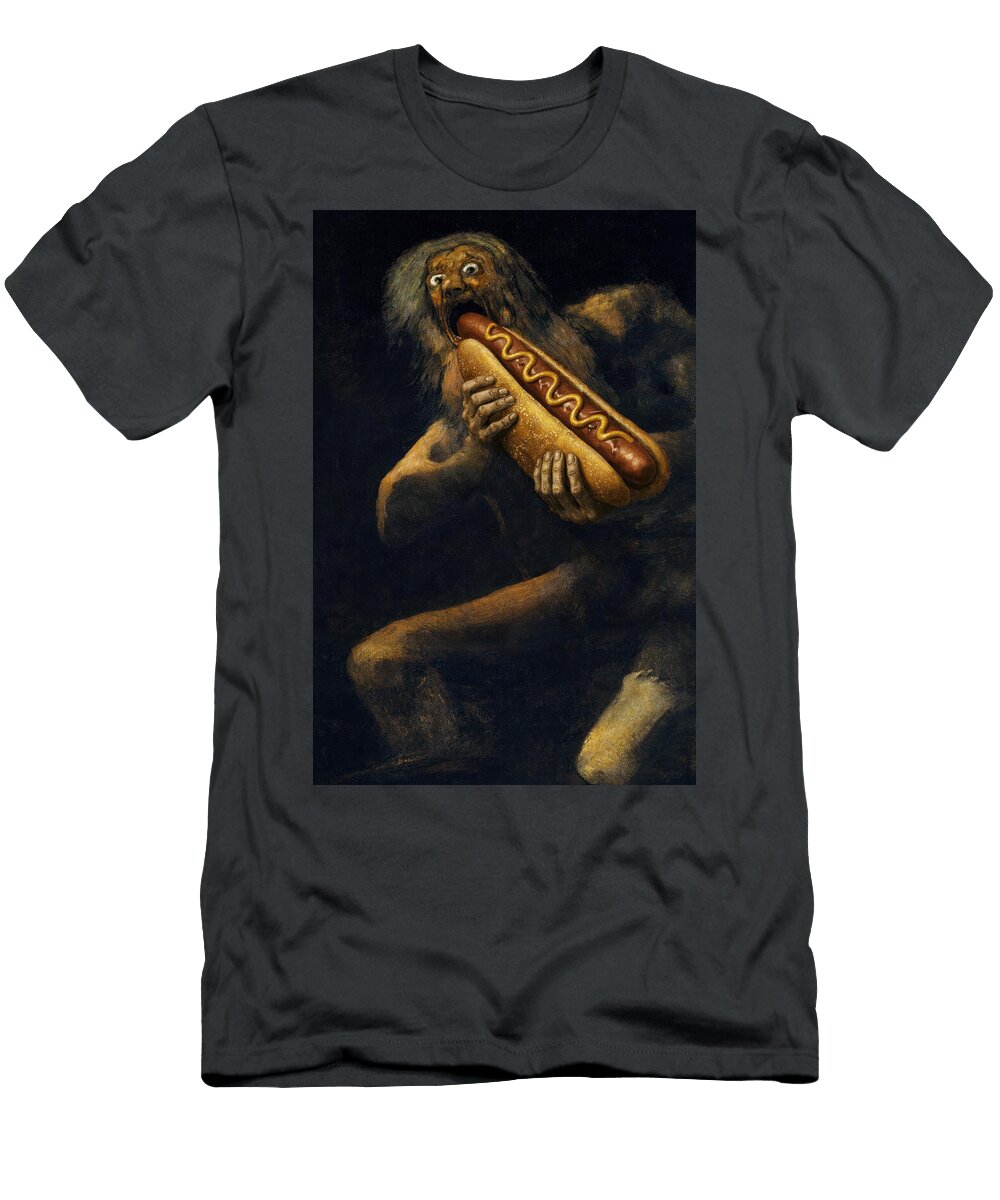 Saturn Devouring a Giant Hot Dog a Recreation of the Original Painting By Francisco Goya Nicko Prints T-Shirt
