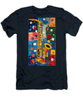 Saxophone Rhythm Rhapsody Geometric Shapes and Vivid Backdrop Olfactoart Studio T-Shirt