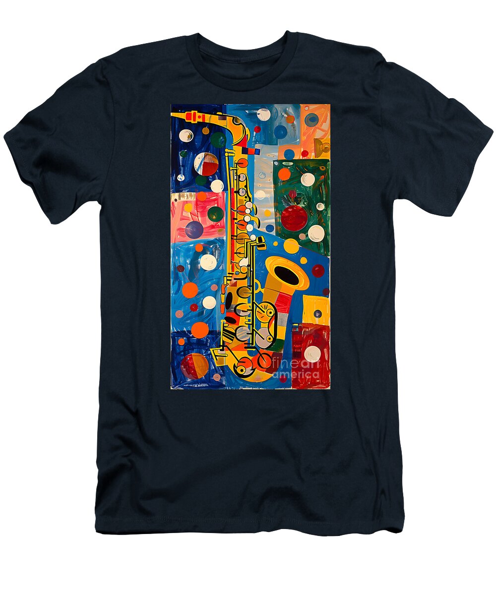 Saxophone Rhythm Rhapsody Geometric Shapes and Vivid Backdrop Olfactoart Studio T-Shirt