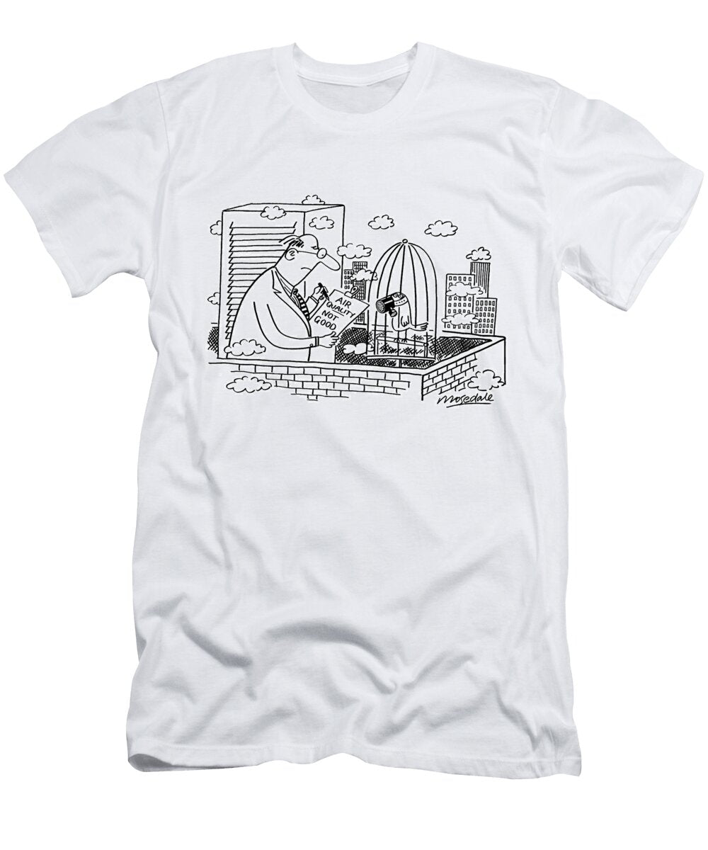 Scientist Taking Air Quality Reading on Roof with Canary Mike Mosedale T-Shirt