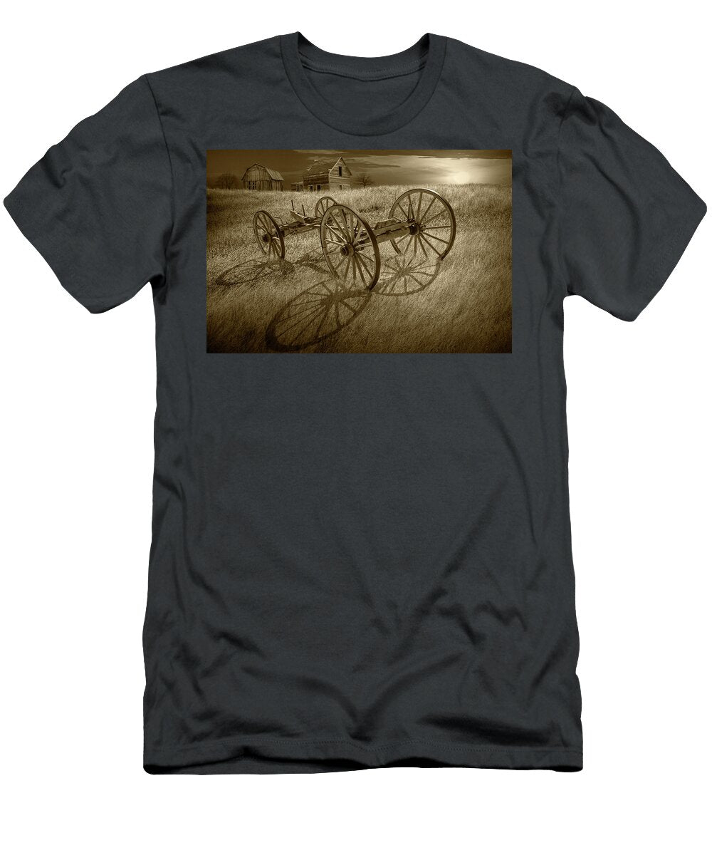 Sepia Tone Photograph of a Farm Wagon Chassis in a Grassy Field Randy Nyhof T-Shirt