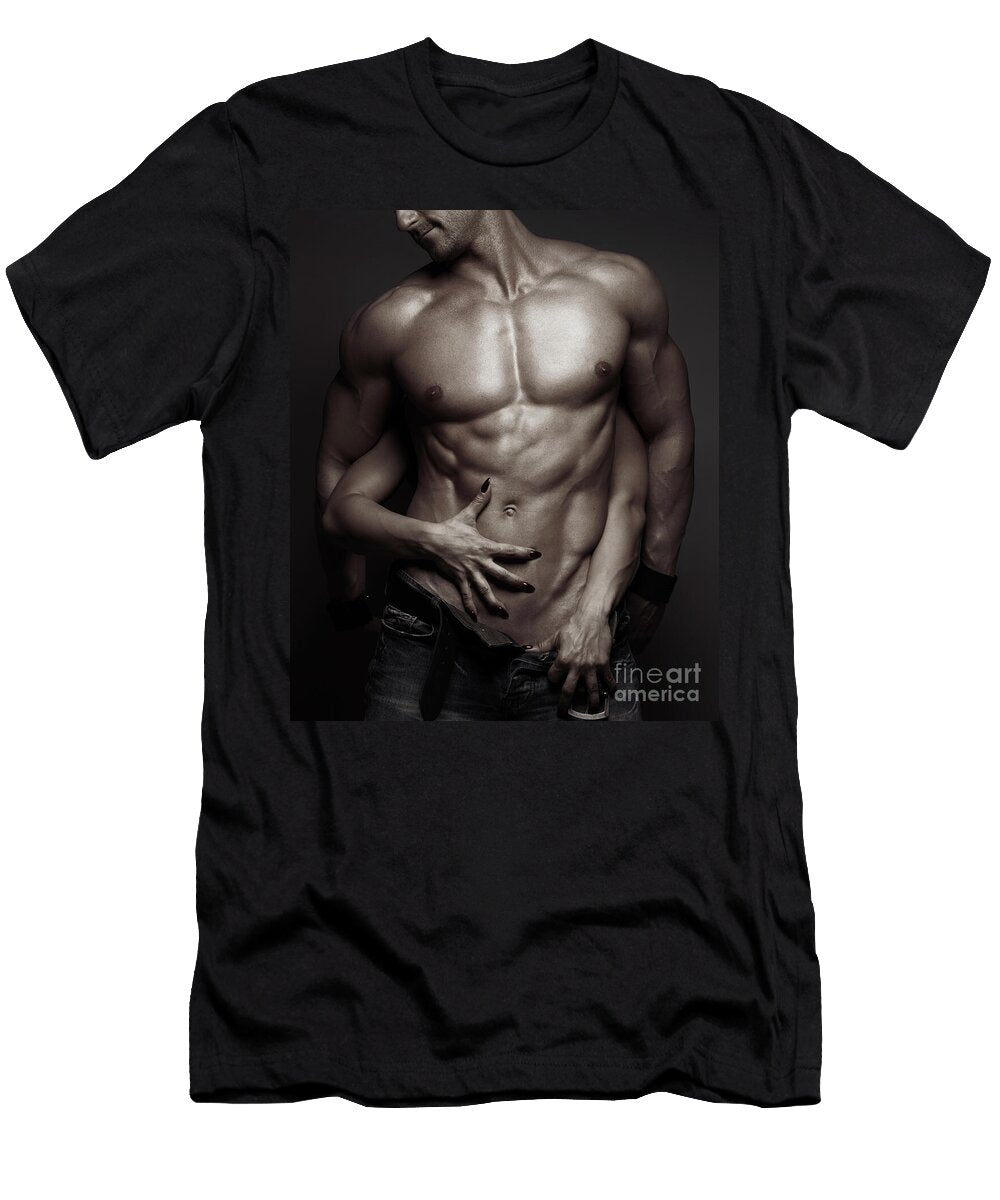Sexy Couple Photo of a Woman Hand Caressing Man Muscular Body Bare Torso Aleksey Maxim Maximimages Prints T-Shirt