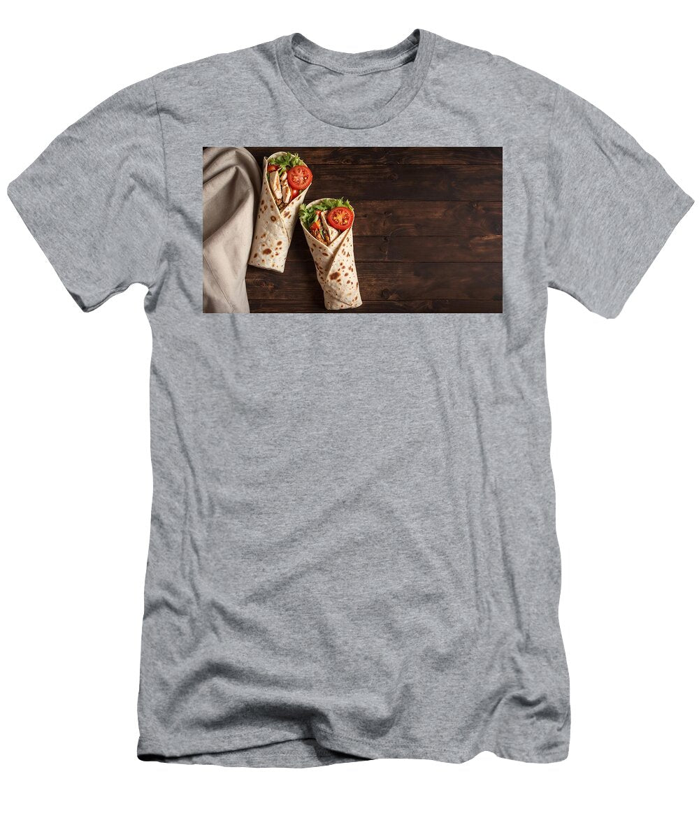 Shawarma Burrito Roll Wrap Grilled Healthy Sandwich Wooden Table Copy Space Fast Food Lettuce Tomato More Than Pictures T-Shirt