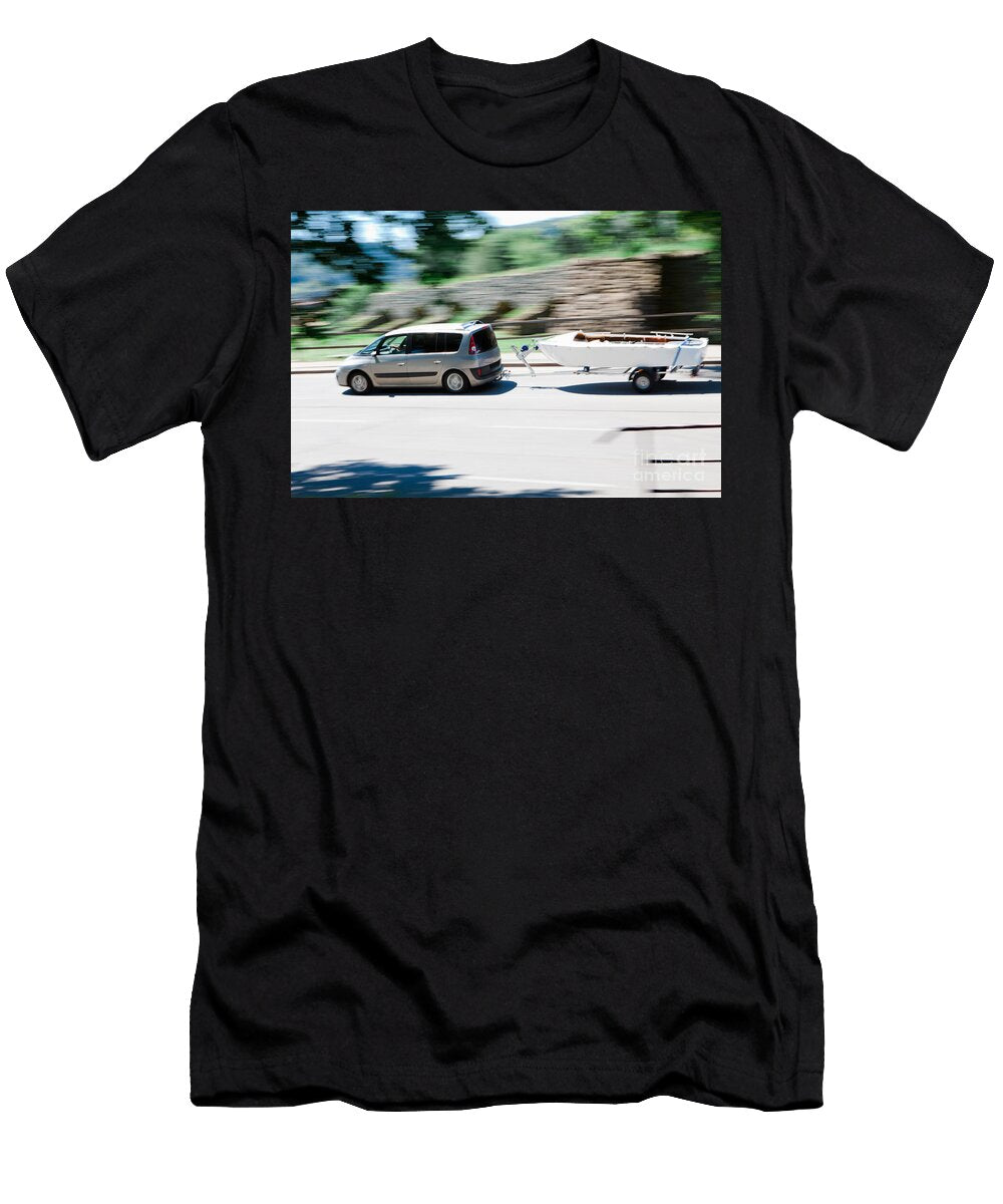 Silver Family Car Is Pulling White Boat During Summer Day Marek Valovic T-Shirt