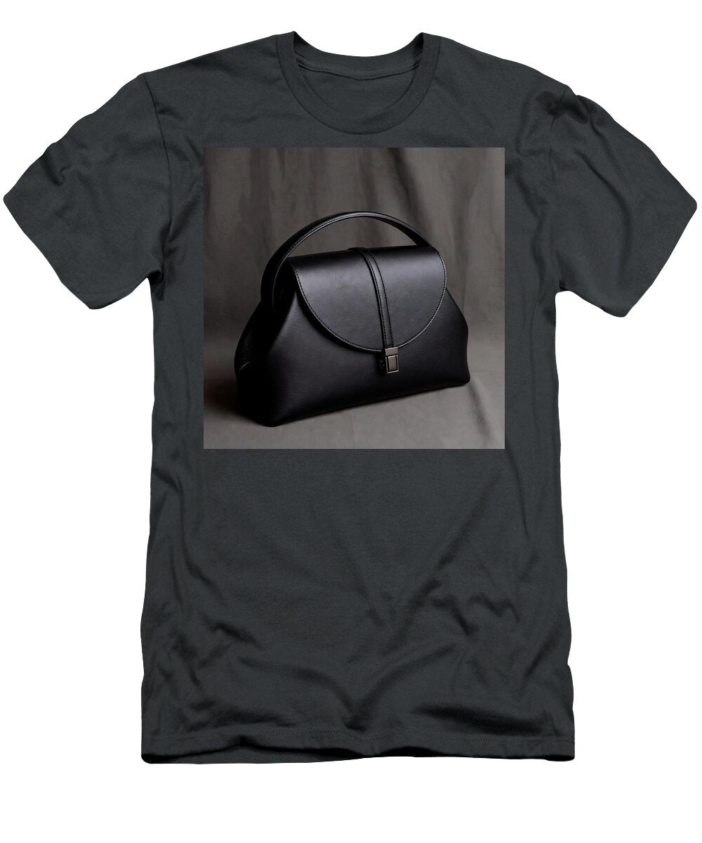 Sleek Black Leather Clamshell Clutch with Wing Detail Elegant Evening Handbag Talha Khan T-Shirt