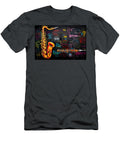 Sonic Symphony Harmonious Saxophone Serenade on Chalkboard Olfactoart Studio T-Shirt
