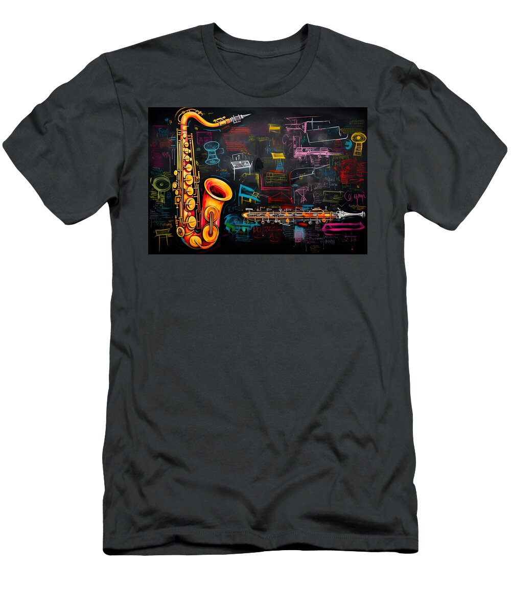 Sonic Symphony Harmonious Saxophone Serenade on Chalkboard Olfactoart Studio T-Shirt