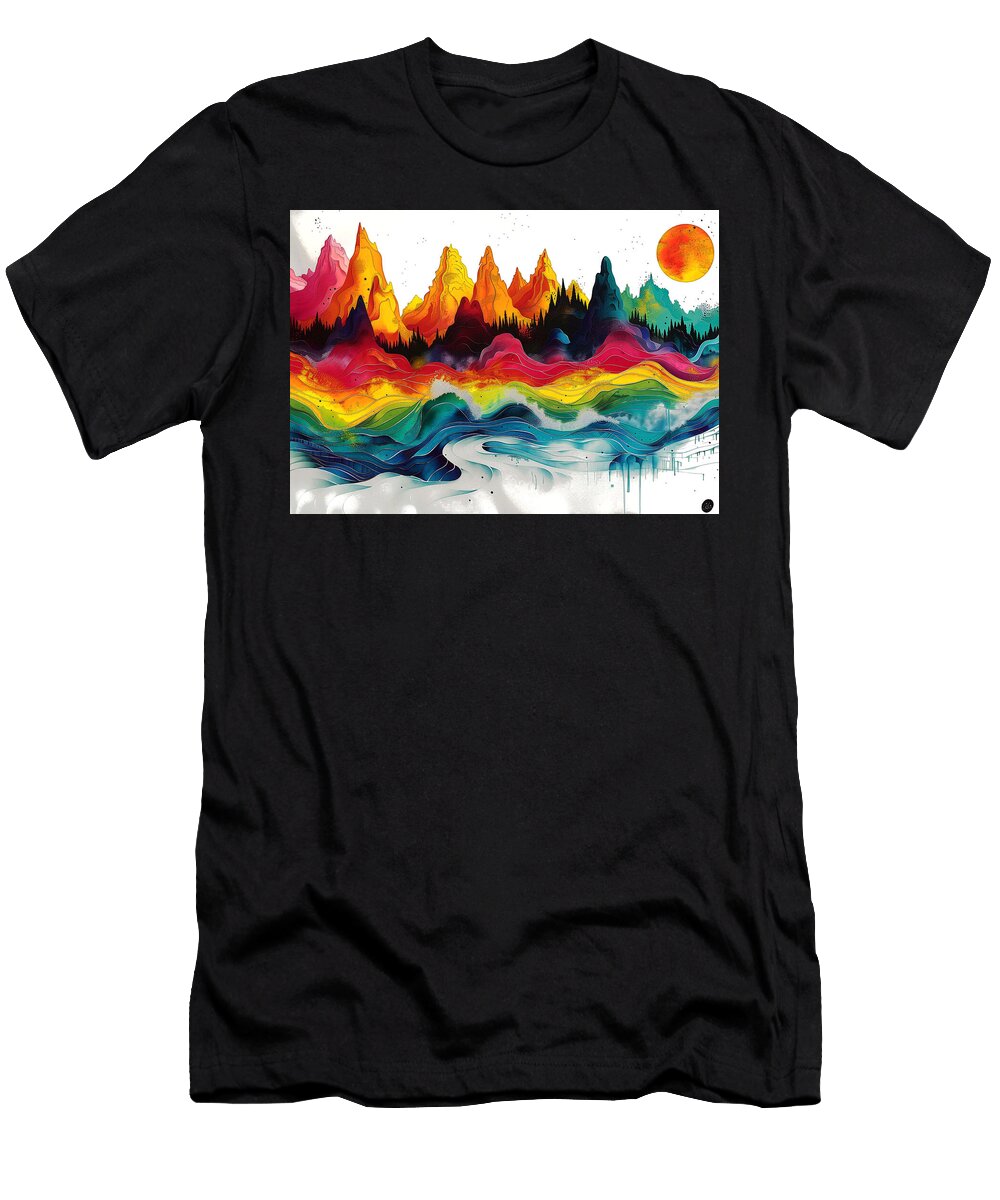 Sonic Waves Over a Mountain Range Abstract Sound Waves Flowing Over Montana S Mountains Rhys Jacobson T-Shirt