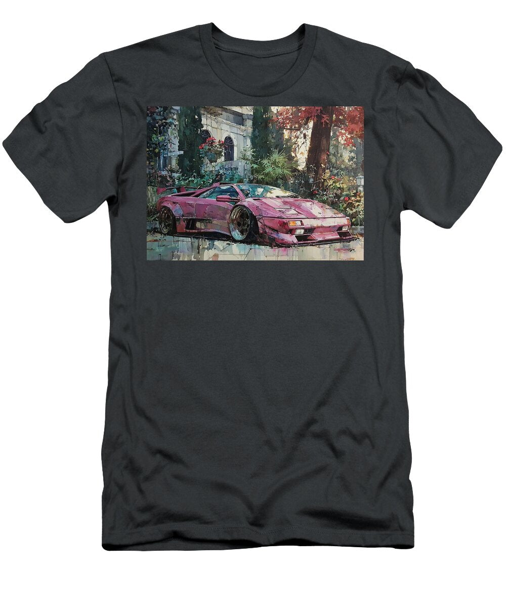Sportscar Parked in Lush Garden Flora Brown T-Shirt