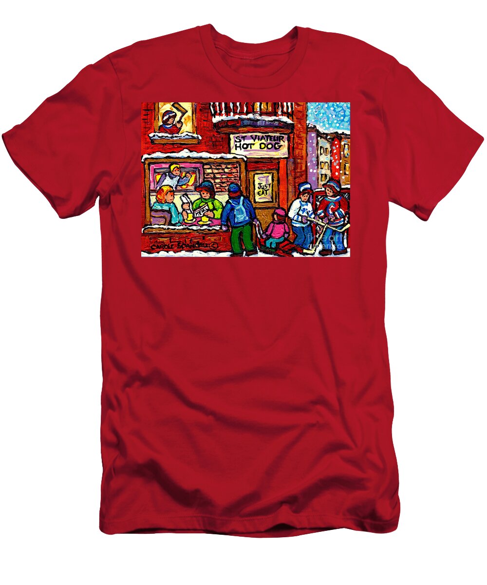 St Viateur Hotdog Montreal Winter City Scenes Hockey Art Canadian Artist Carole Spandau Carole Spandau T-Shirt