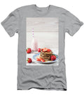 Stack of Healthy Low Carbs Oat and Banana Pancakes Over White Wooden Background Strawberry Milk and Fresh Strawberries Sevda Stancheva T-Shirt