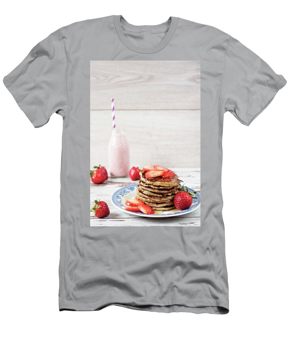 Stack of Healthy Low Carbs Oat and Banana Pancakes Over White Wooden Background Strawberry Milk and Fresh Strawberries Sevda Stancheva T-Shirt