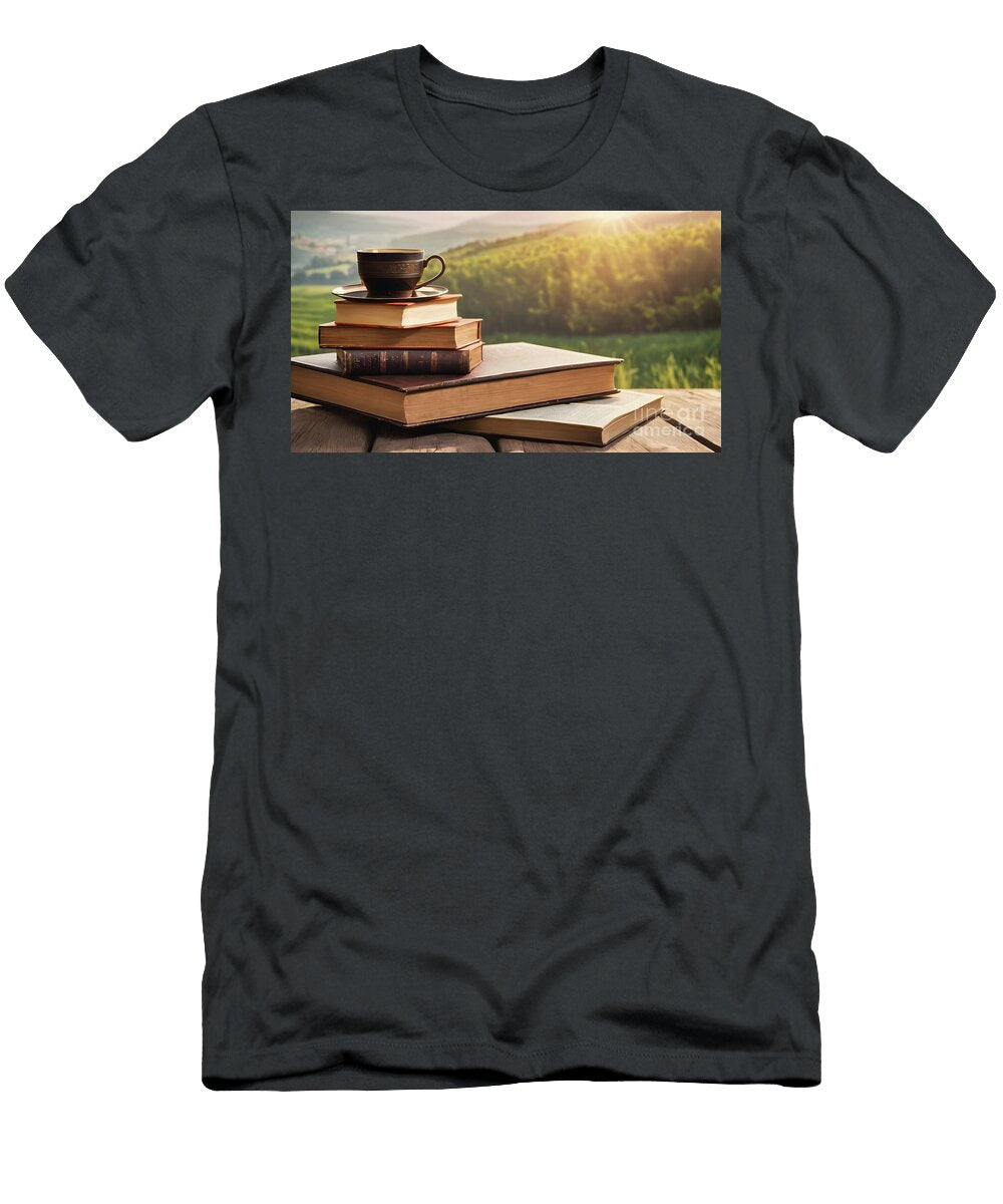 Stack of Old Books and Coffee Cup on Outdoor Wood Table with Lan Turgay Koca T-Shirt