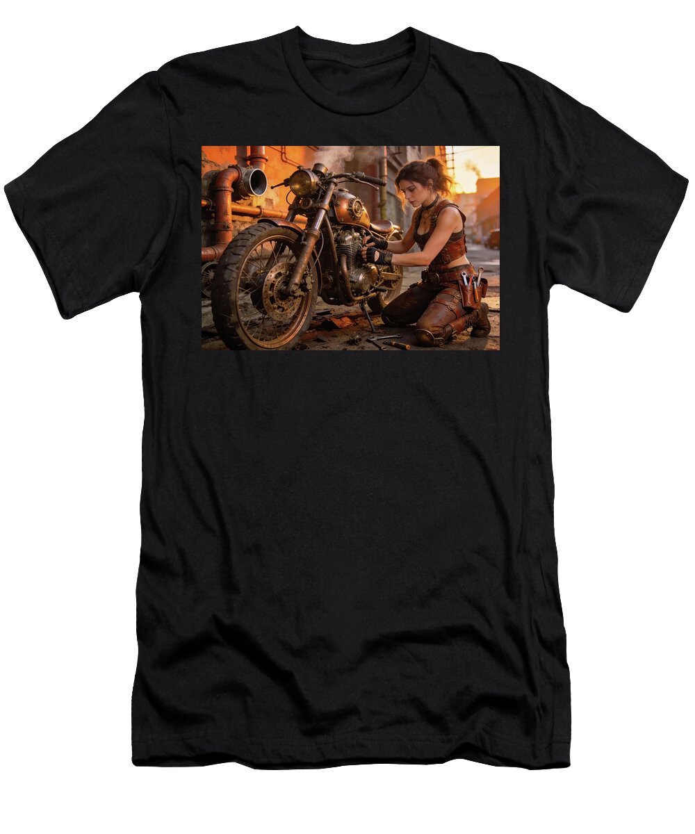 Steampunk Mechanic Fixing Motorcycle At Sunset Matthias Hauser T-Shirt